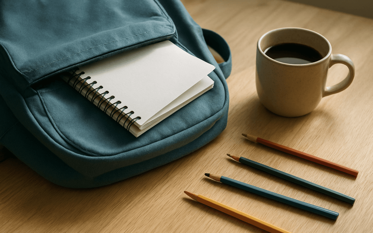 Mochila escolar azul aberta sobre a mesa de madeira da cozinha, com caderno, lápis de cor e uma xícara de café na luz da manhã