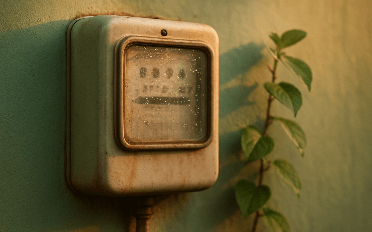 Medidor de energia elétrica antigo na parede verde de uma casa, com gotas de chuva no vidro e luz de fim de tarde