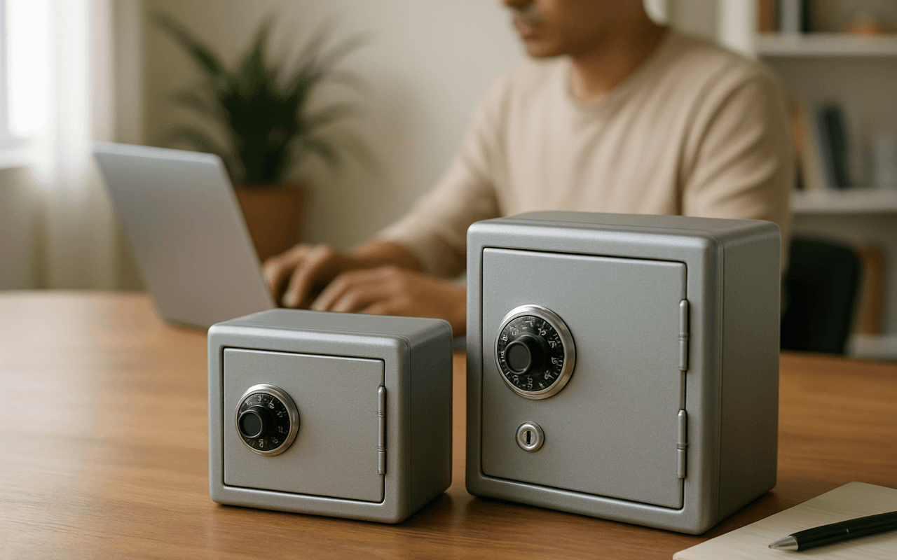 Dois pequenos cofres de metal lado a lado sobre uma mesa, representando duas opções de investimento em renda fixa.