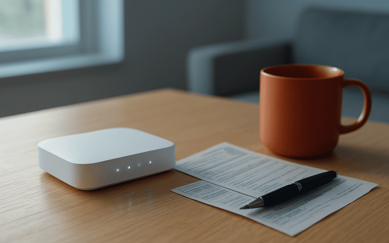 Roteador de internet doméstico sobre mesa de madeira ao lado de uma fatura de papel, uma caneta e uma caneca laranja