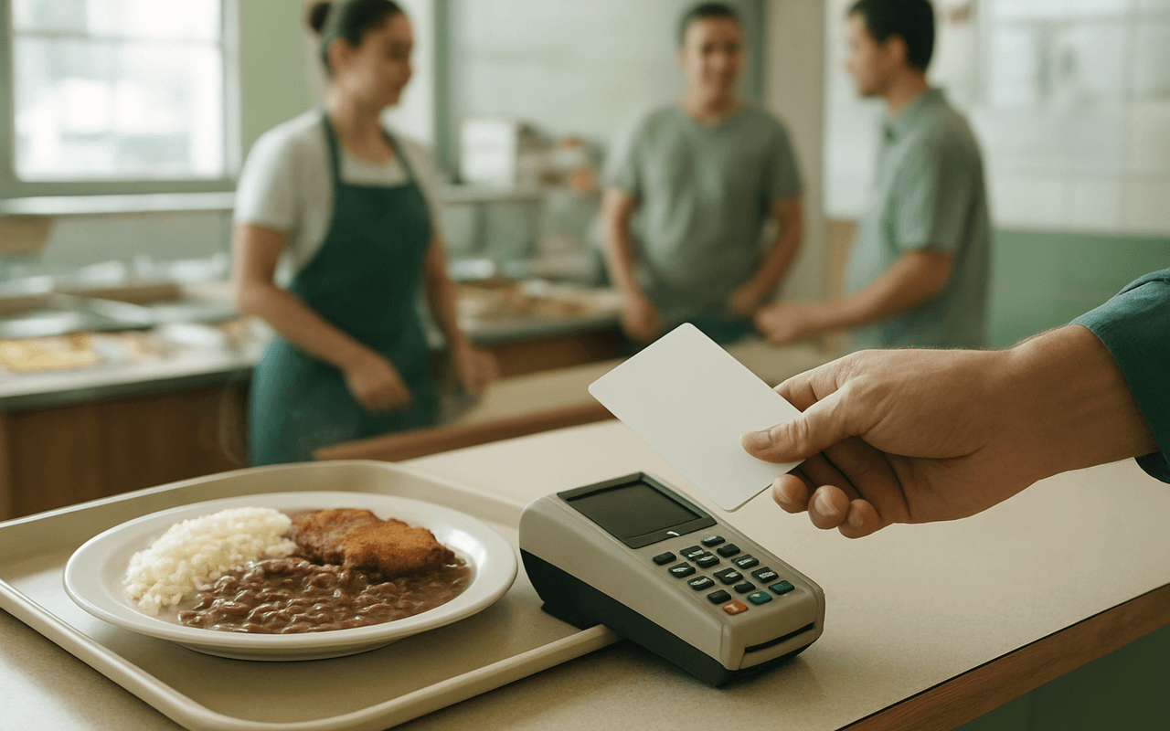 Mão encostando um cartão de benefício na maquininha do balcão de um restaurante popular, ao lado de uma bandeja com o prato do dia
