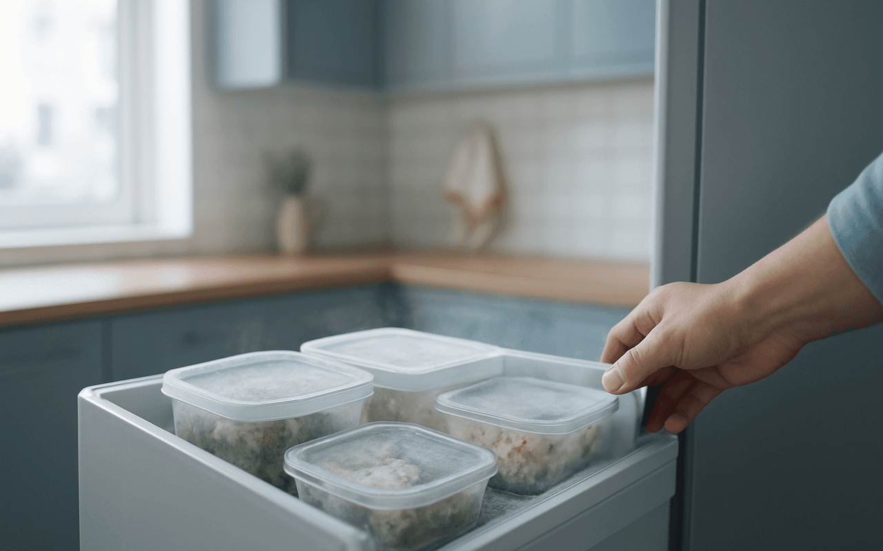 Gaveta de freezer aberta com potes de comida congelada numa cozinha iluminada pela manhã