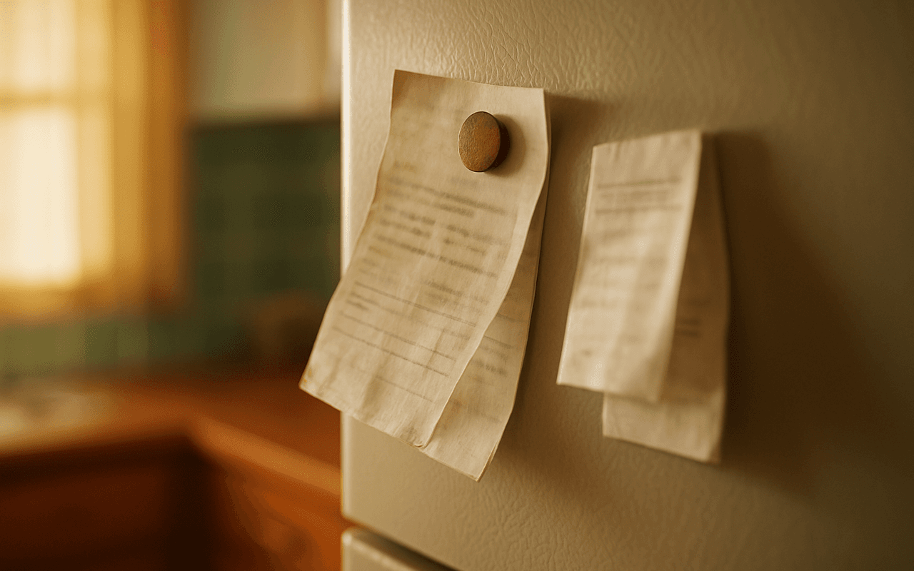Contas de papel presas por um ímã na porta de uma geladeira, sob a luz dourada do fim da tarde