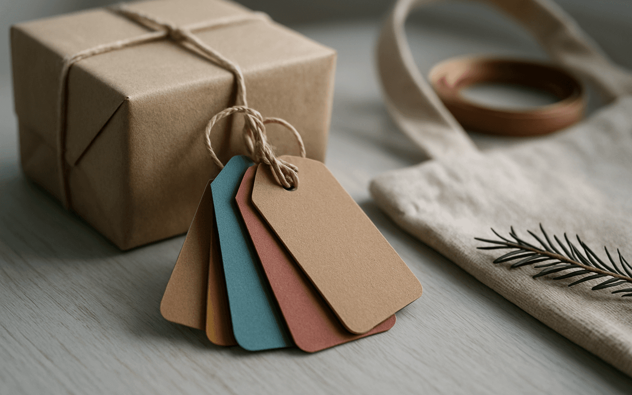 Etiquetas de papel coloridas amarradas com barbante a uma caixa de presente embrulhada em papel pardo, sobre uma mesa de madeira clara