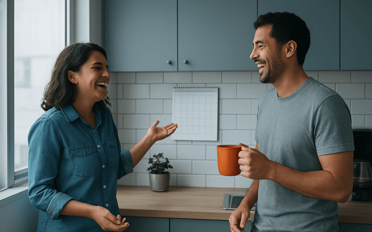 Dois colegas de trabalho conversando e rindo na copa do escritório, ao lado de um calendário de parede