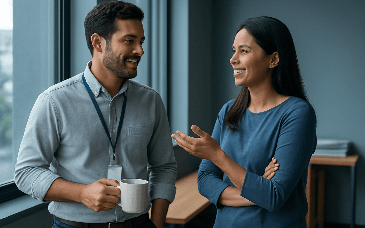 Dois colegas de trabalho conversando perto da janela de um escritório pela manhã