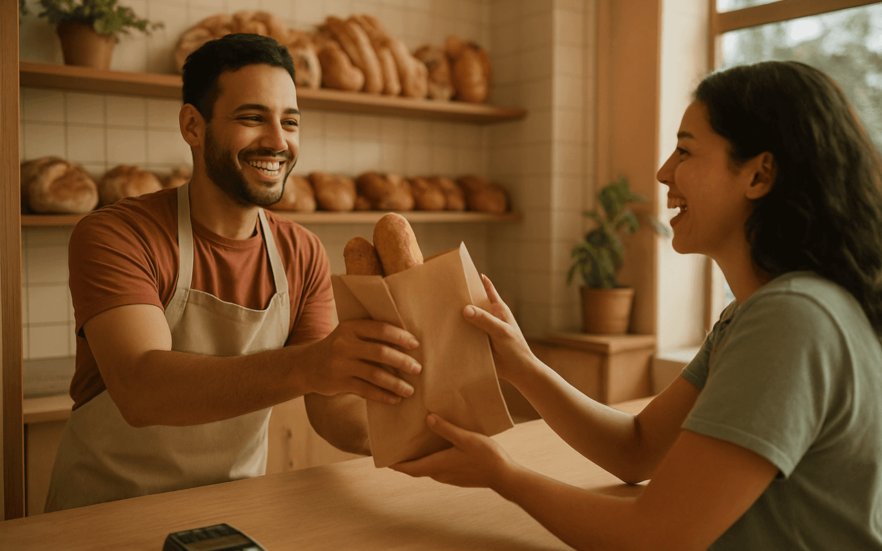 Atendente de padaria entrega uma sacola de pão a uma cliente sorridente, com uma maquininha de pagamento no canto do balcão.