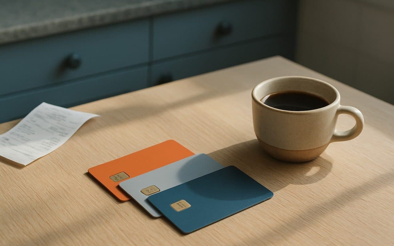 Três cartões de pagamento sobre uma mesa de madeira clara, ao lado de uma xícara de café e de um recibo de compras