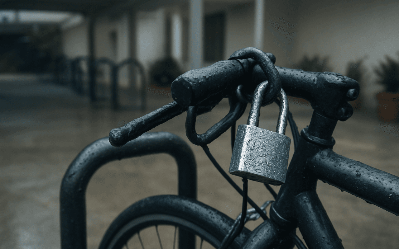 Cadeado preso ao guidão de uma bicicleta num bicicletário, em manhã nublada