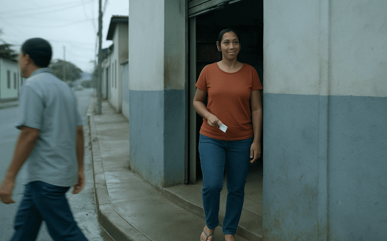 Mulher sai de um pequeno comércio de bairro numa manhã nublada guardando um comprovante de papel no bolso.
