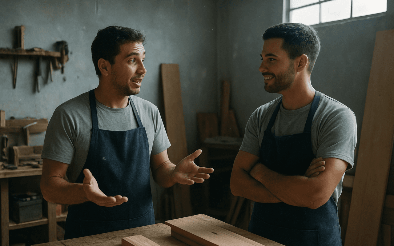 Dois colegas de trabalho conversando numa pequena marcenaria, um explicando algo ao outro