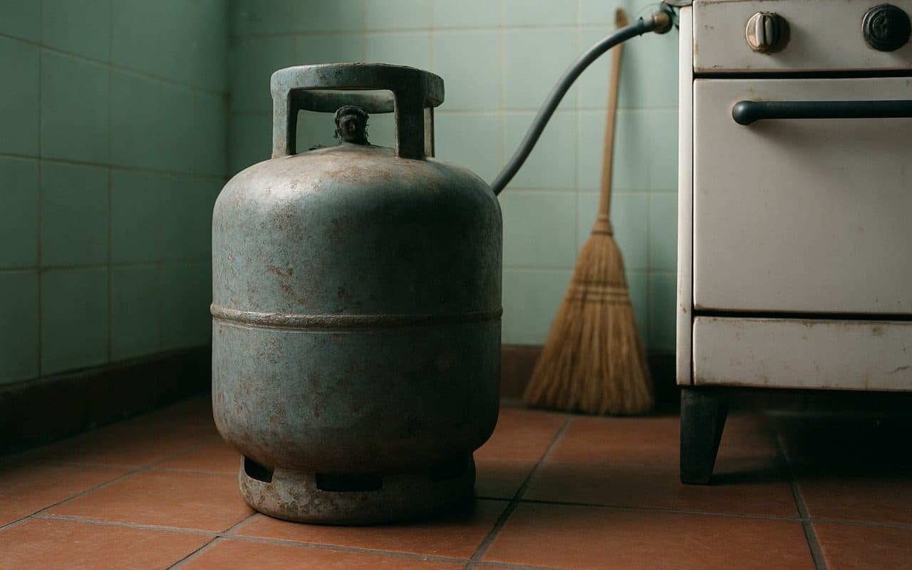 Botijão de gás de 13 quilos no chão de uma cozinha simples, ao lado do fogão