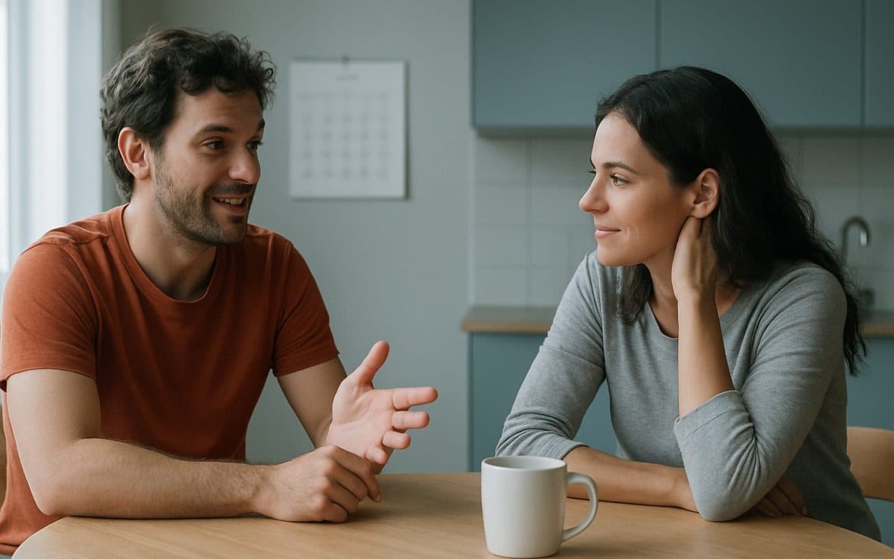 Duas pessoas conversando na mesa da cozinha de manha, uma delas explicando algo com as maos