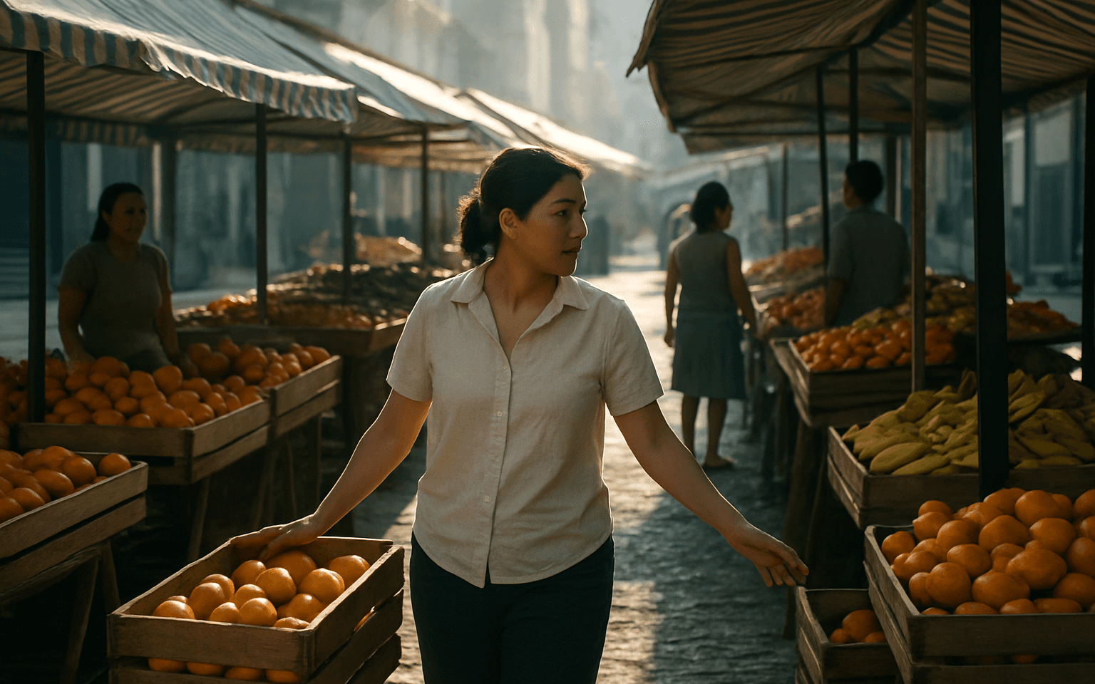 Mulher entre duas bancas vizinhas de laranja numa feira livre, olhando da primeira para a segunda na luz da manhã