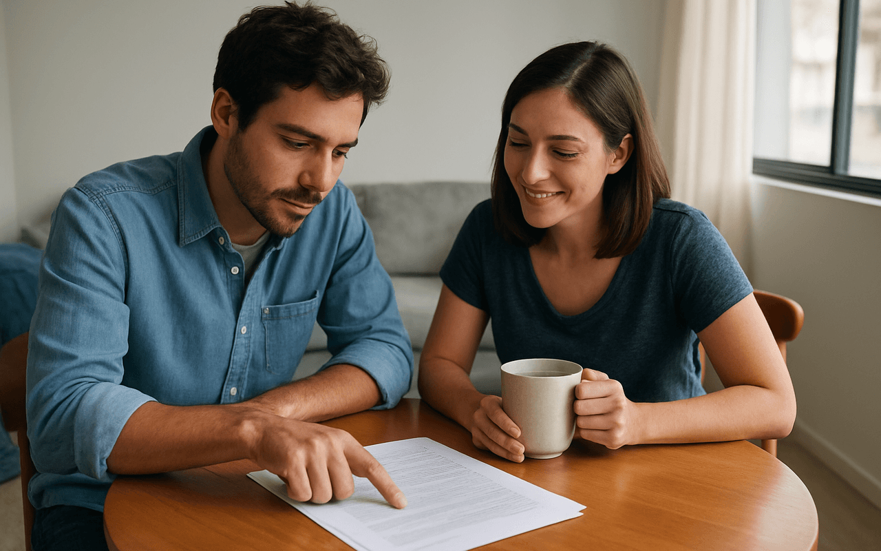 Duas pessoas sentadas à mesa de madeira de um apartamento conferindo as páginas impressas de um contrato de aluguel