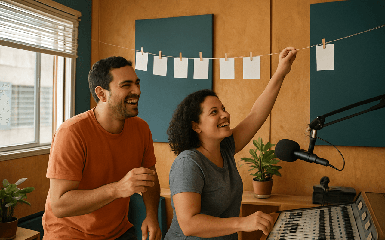 Duas pessoas rindo enquanto trocam a posição de cartões de papel presos num varal na parede de um pequeno estúdio de rádio