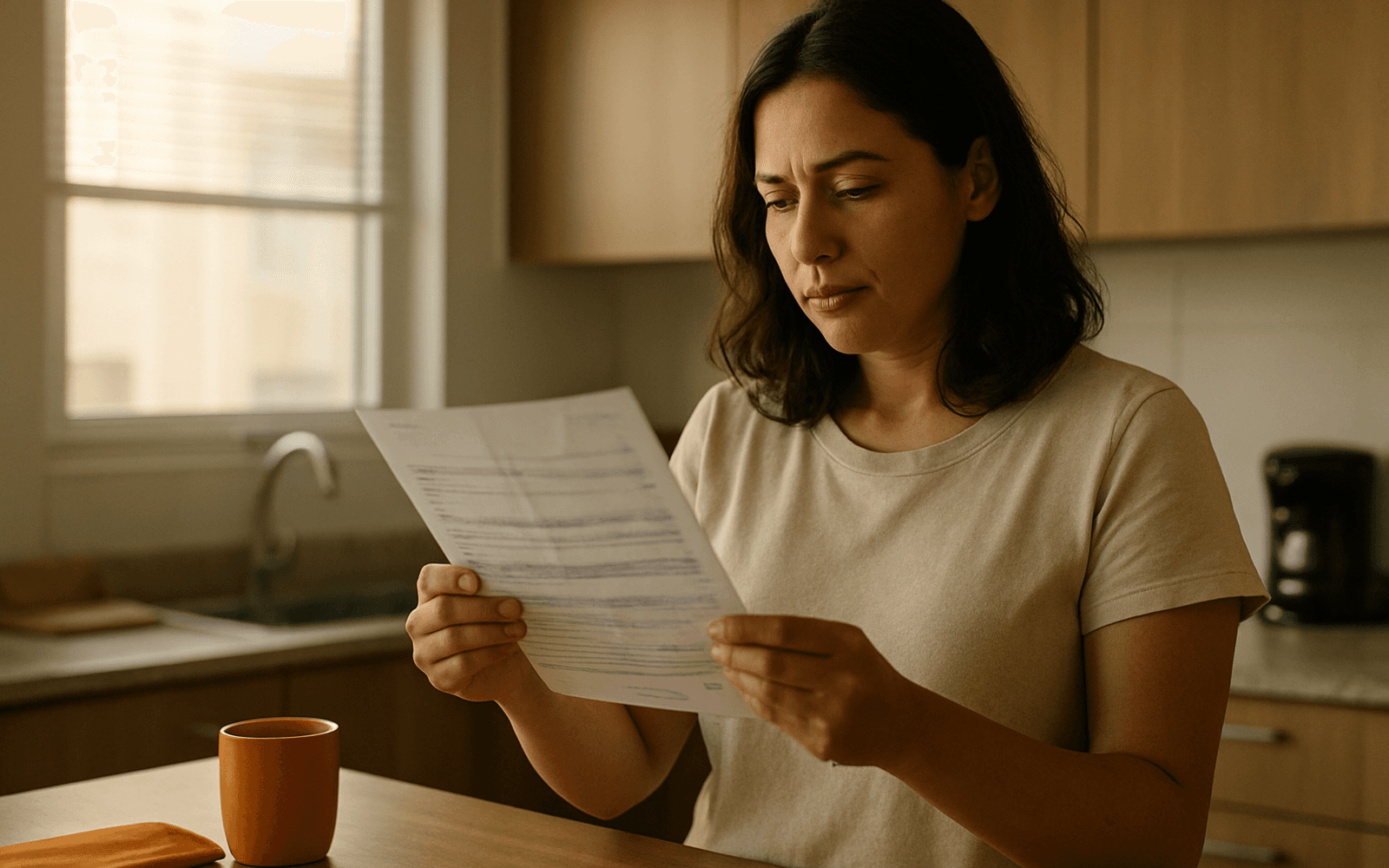 Mulher em pé na cozinha lendo uma conta de casa perto da janela, com uma caneca laranja sobre a mesa