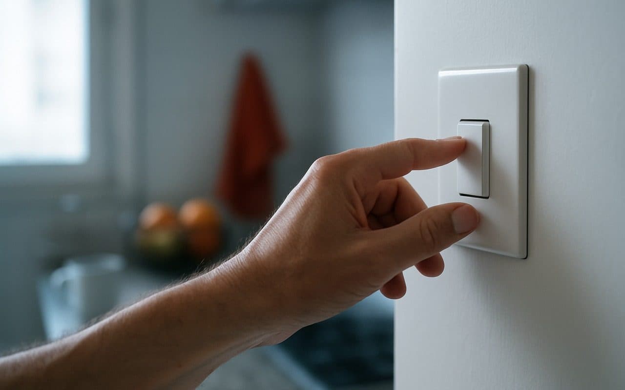 Mão desligando o interruptor de luz na parede de uma cozinha, em uma manhã de dia útil