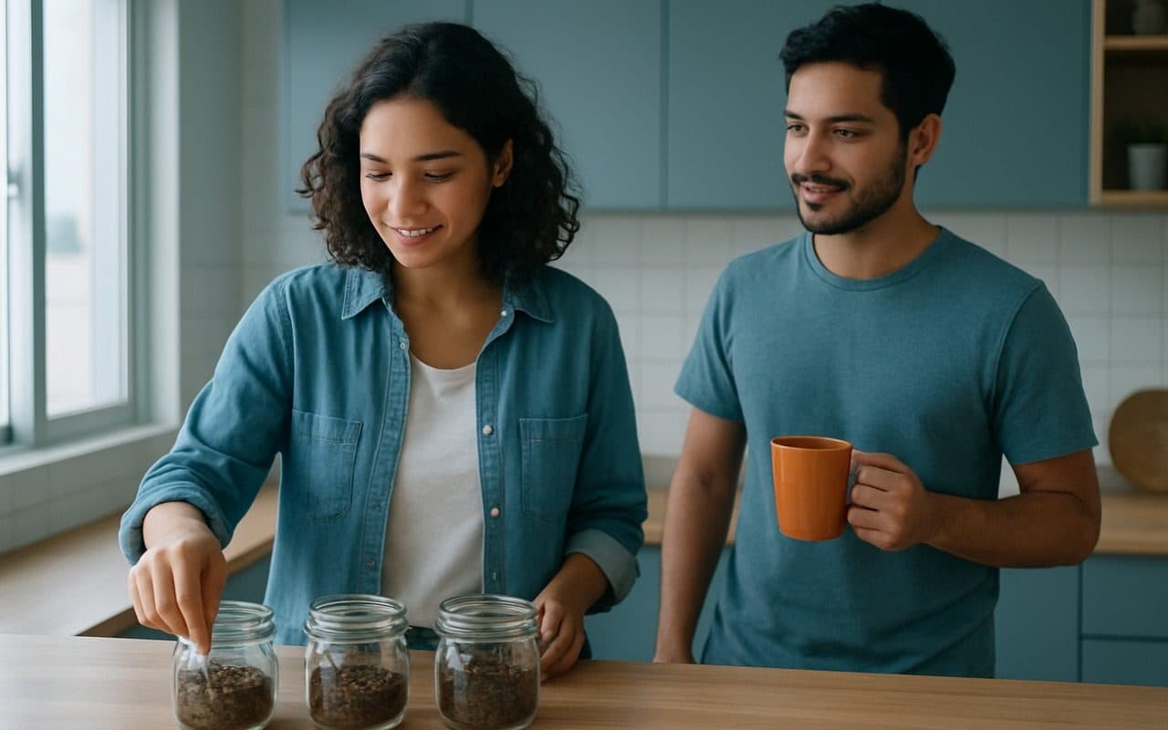 Casal numa cozinha dividindo grãos de café entre potes de vidro sobre a bancada, numa manhã clara