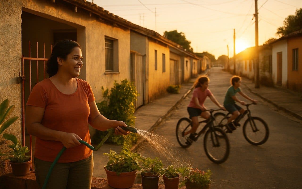 Mulher rega as plantas no portão de casa ao fim da tarde enquanto duas crianças passam de bicicleta pela rua