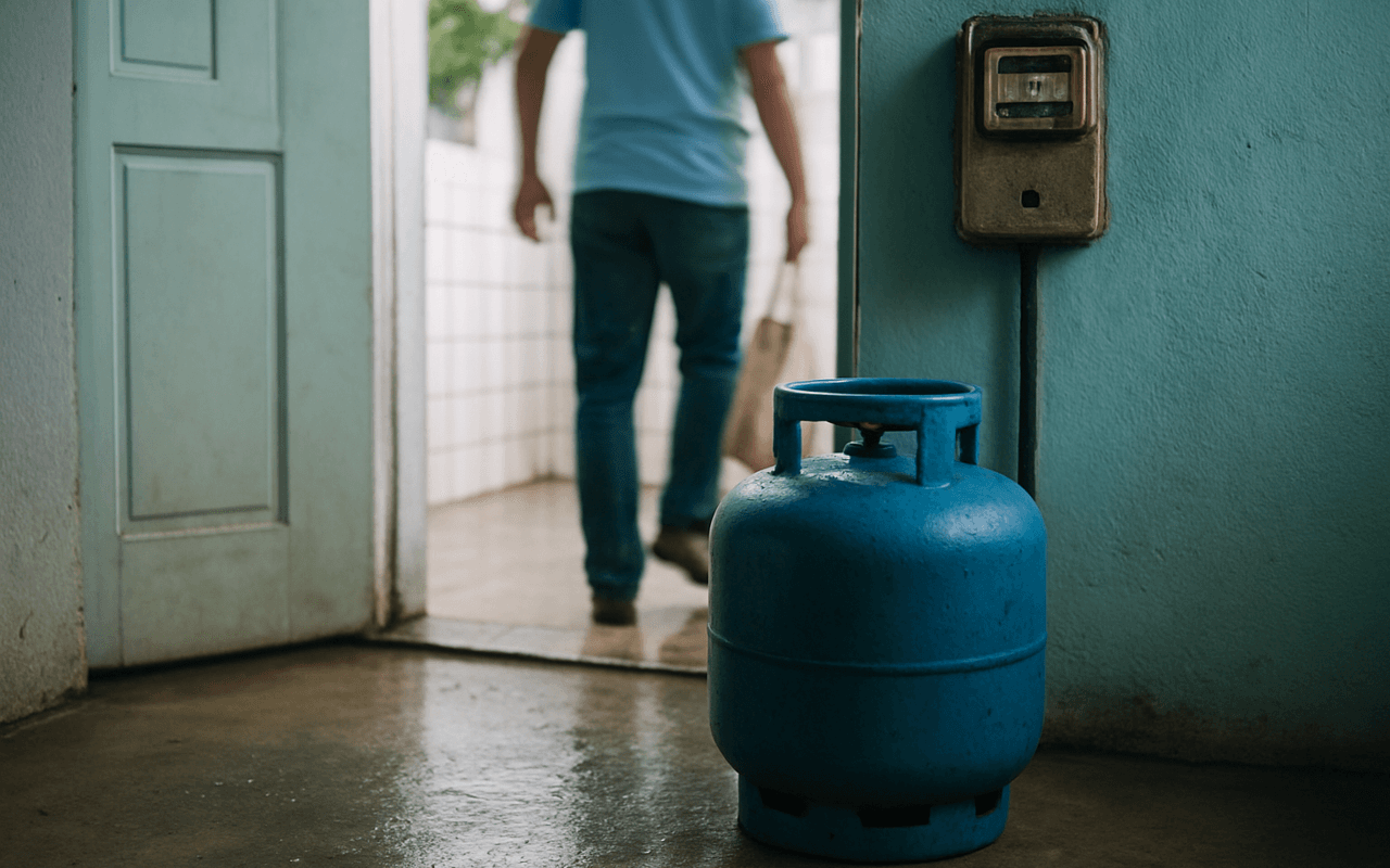 Botijão de gás ao lado da porta da cozinha, com medidor de energia na parede e uma pessoa desfocada ao fundo