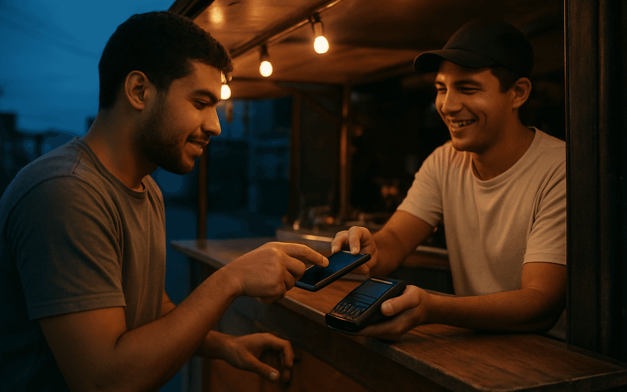 Cliente encosta o celular na maquininha de uma barraca de rua ao anoitecer para pagar por aproximação