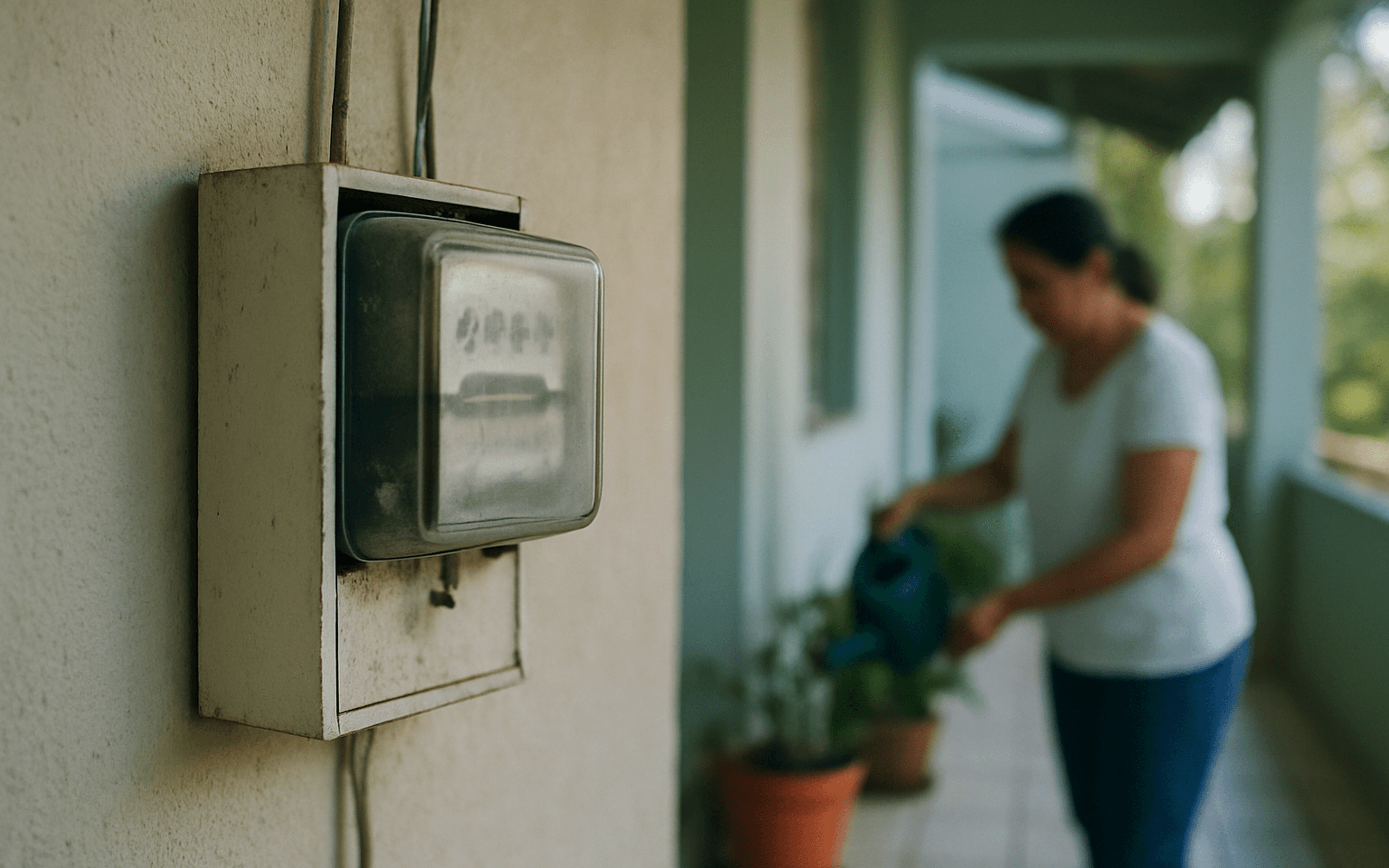 Relógio de luz numa parede de casa brasileira, com uma mulher regando plantas ao fundo em luz de manhã