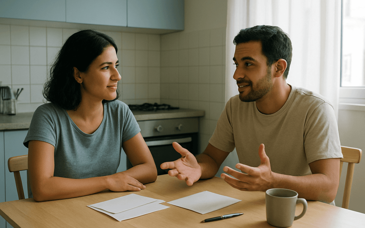 Casal conversando na mesa da cozinha, com envelopes de papel, caneta e uma caneca de café sobre a mesa