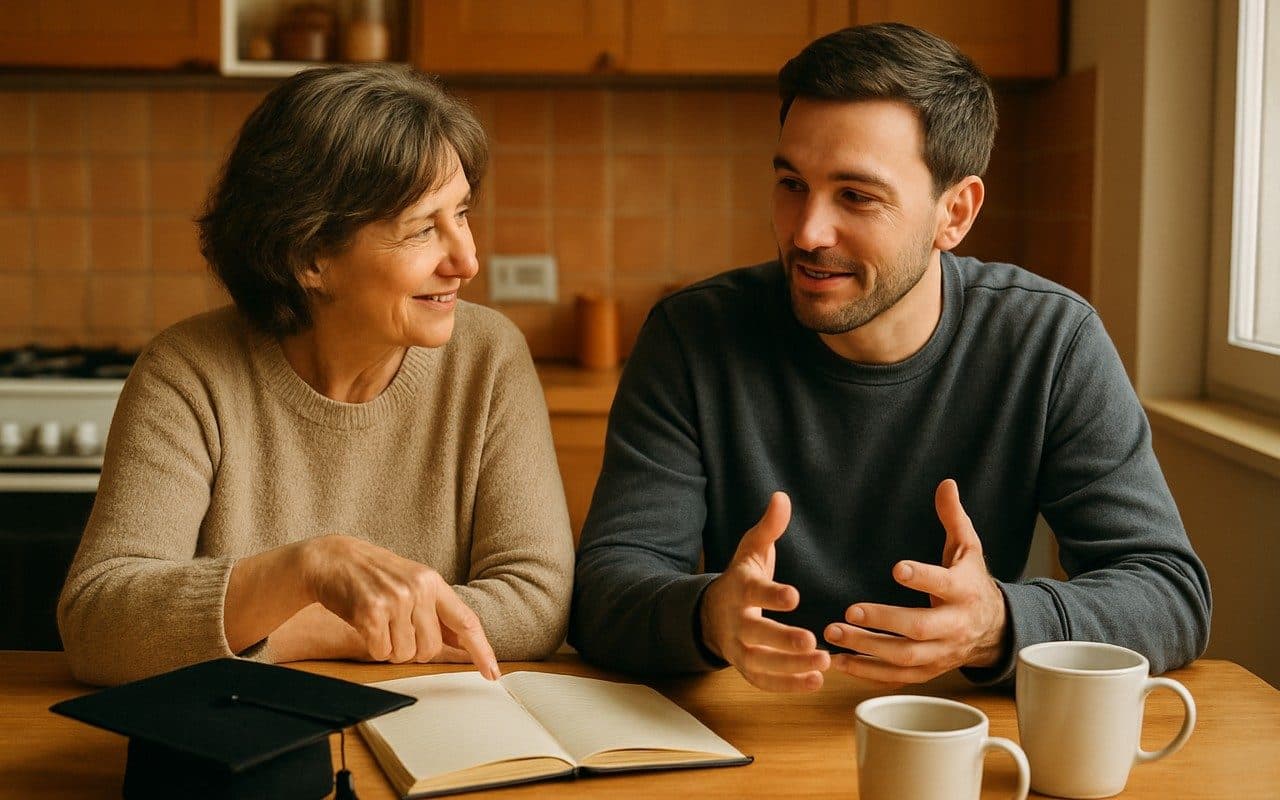 Mãe e filho adulto conversando à mesa da cozinha ao lado de um capelo de formatura e um caderno de anotações