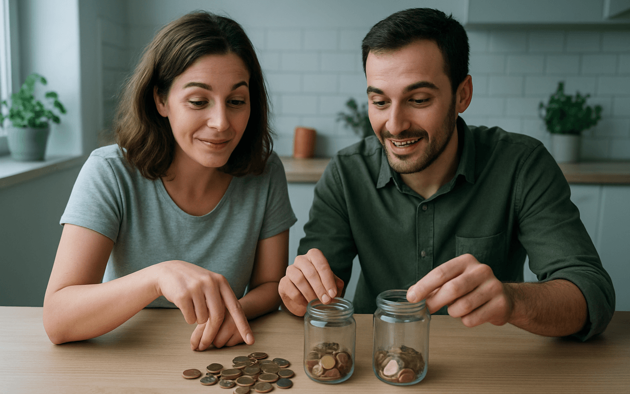 Casal na mesa da cozinha separando moedas em dois potes de vidro, um mais cheio que o outro