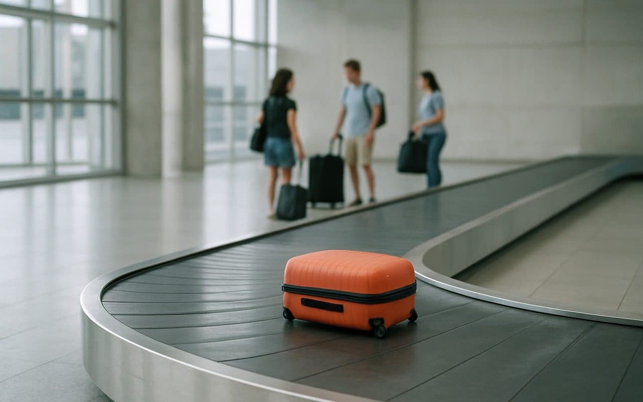 Mala laranja sozinha na esteira de bagagem de um aeroporto, com passageiros desfocados ao fundo