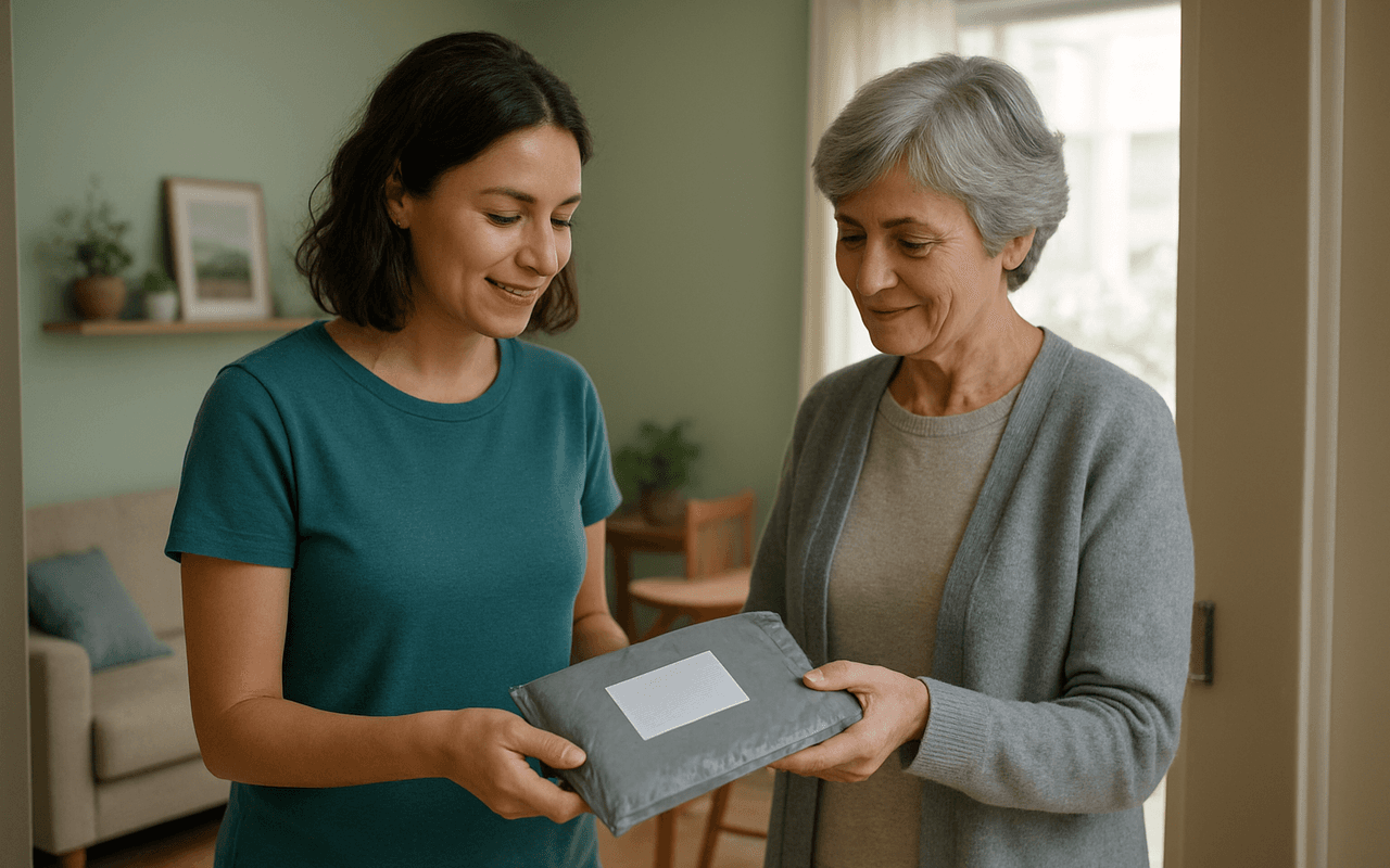 Duas mulheres na porta de um apartamento olhando juntas um pequeno envelope de encomenda recebido pelo correio