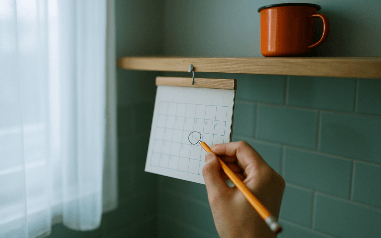 Mão circulando a lápis um dia do mês em um calendário de papel pendurado na parede da cozinha